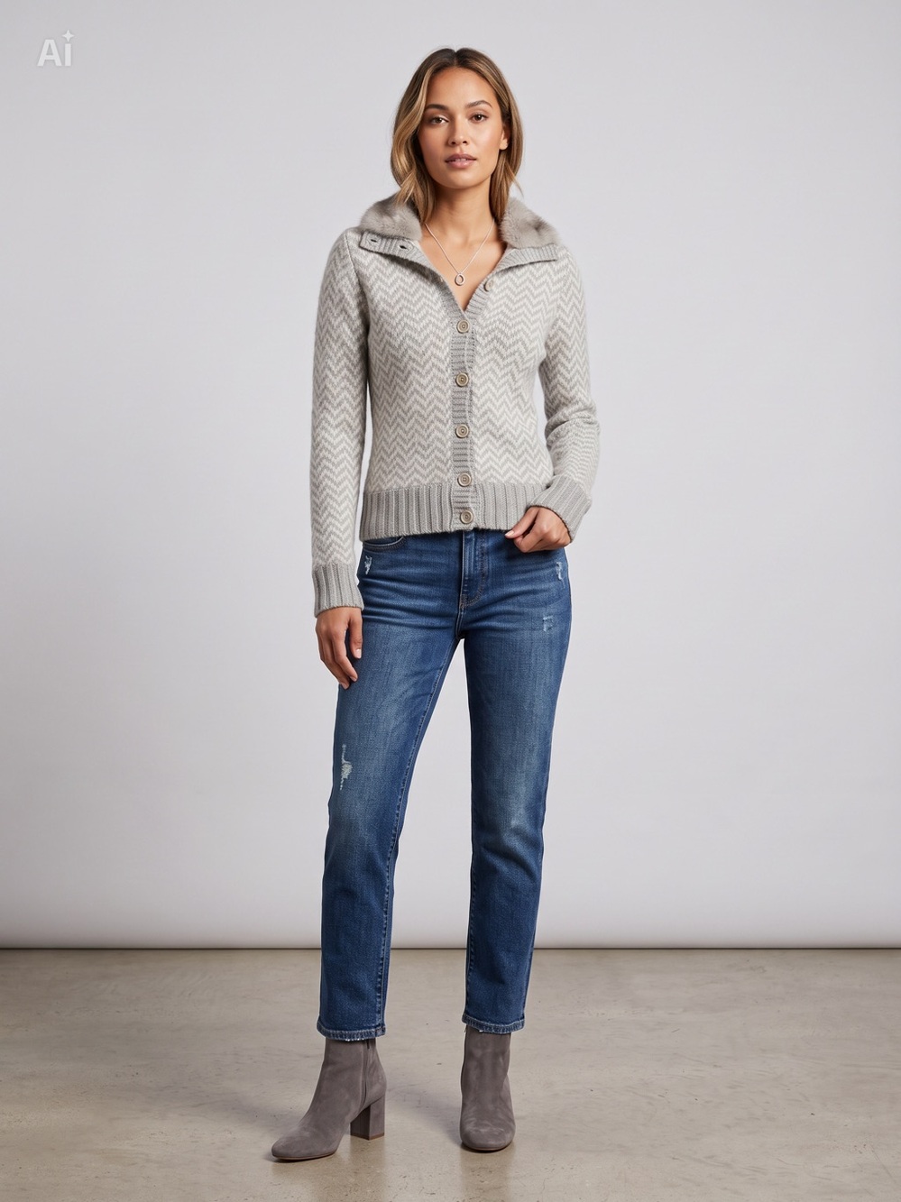 Saks Fifth
Avenue 100%
Cashmere
Chevron Knit
Cardigan with
Fur Collar - Size S